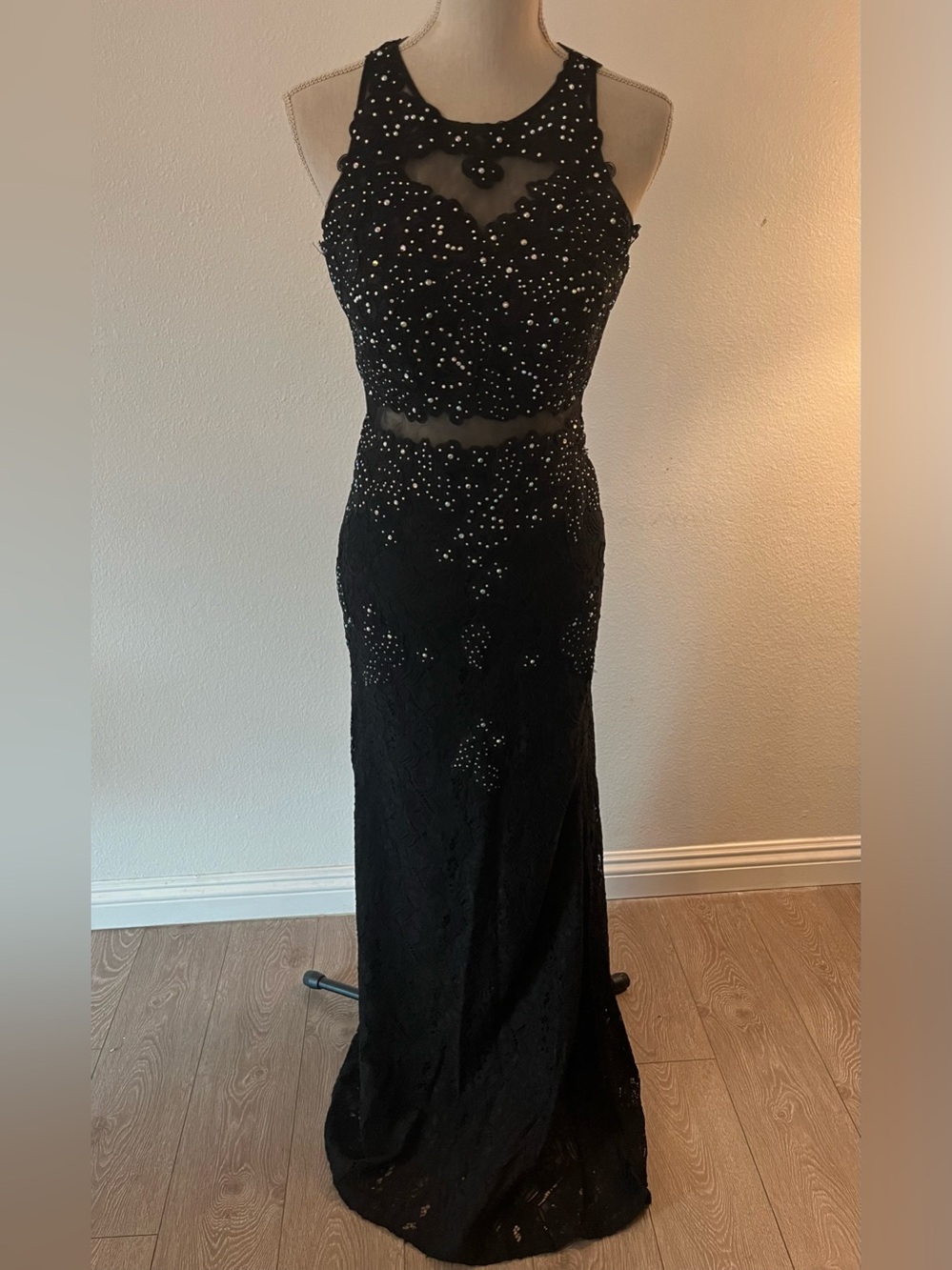 Black Beaded Lace Maxi Dress with Sheer Accents - Eva USA size M